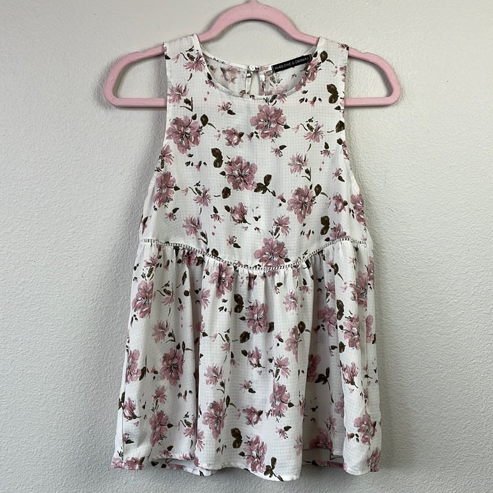 Harlow & Graham white with pink and green florals tank top blouse size XS